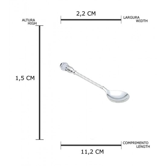 Jogo 6 Colheres 11cm Para Café de Zamac Niquelado Com Cristal
